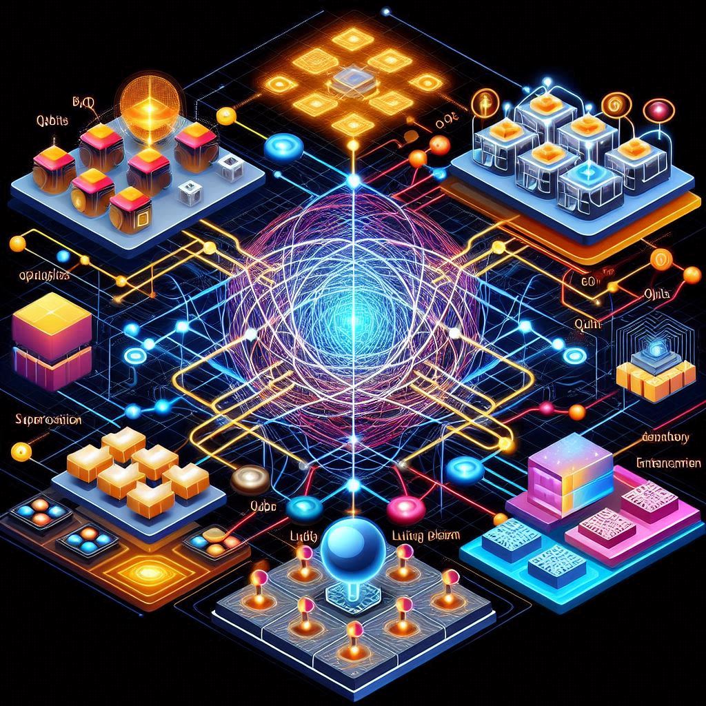 A diagram showing the basic principles of quantum computing, including qubits, superposition, and entanglement