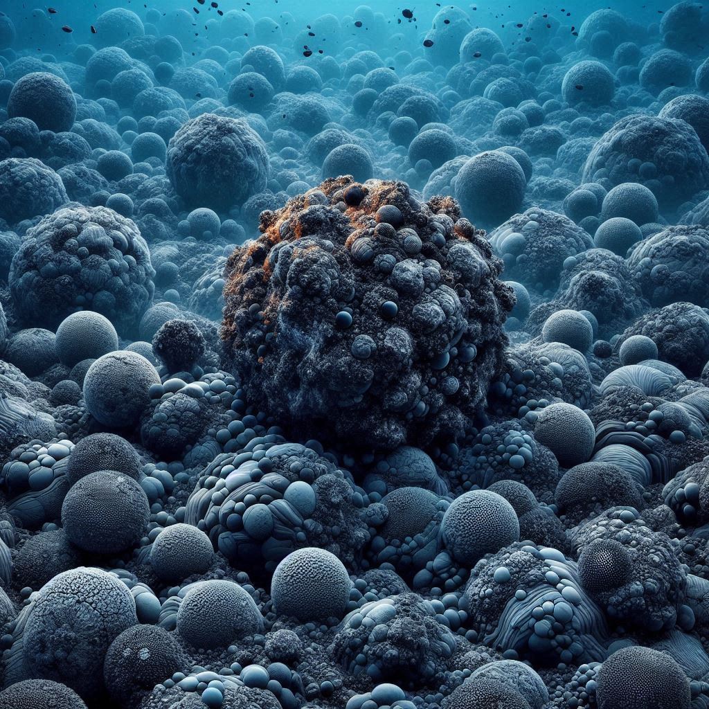 Close-up images of actual polymetallic nodules highlighting their composition and metals (e.g., manganese, cobalt, lithium).