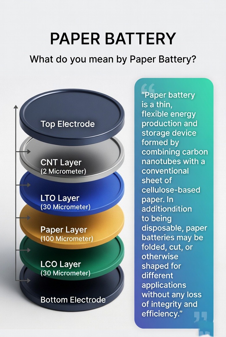 Layered structure diagram of a classic paper battery (CNT + paper + active materials).